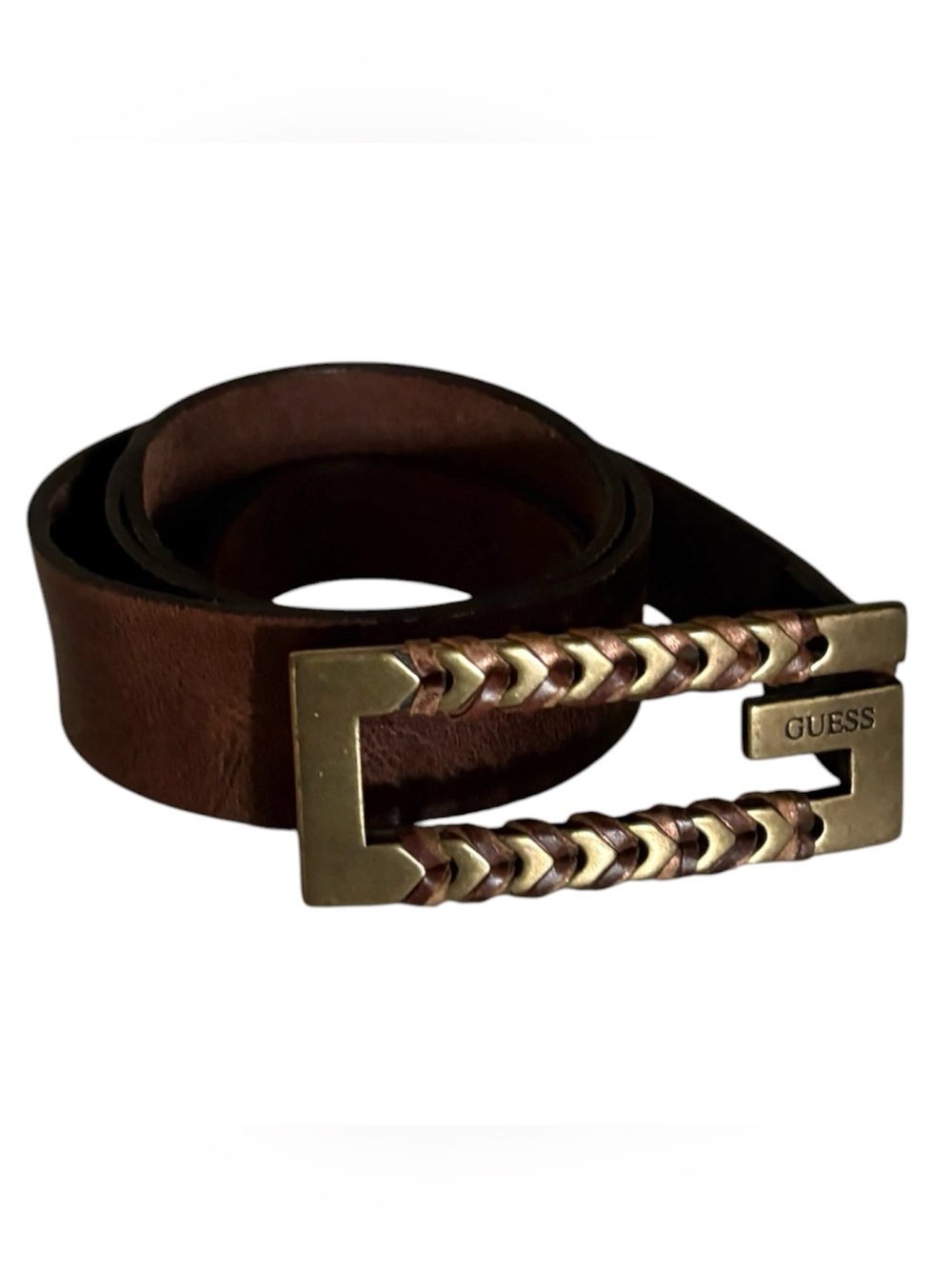Vintage GUESS Y2K- Brown leather belt with  BUCKLE 34" 🤎✨